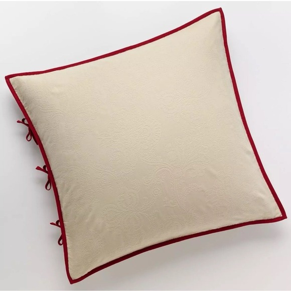 Set 2- Chaps Home Juliette Euro Sham NEW Ivory Damask W Red Trim Cotton 26x26 - Picture 1 of 6